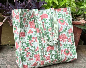 Quilted Large Cotton Tote Bag: Boho Shopping Bag