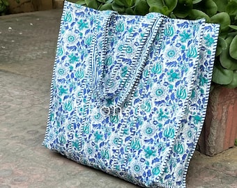 Quilted Large Cotton Tote Bag: Boho Shopping Bag