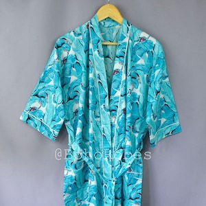 Leaf Print Cotton Kimono Robe: Indian Block Print Dressing Gown