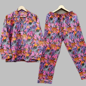 Indian Floral Hand Printed Pajama Set, Nightwear PJ Set, Bridesmaid PJ Set, Soft Payjama Set, Handmade Night Suit