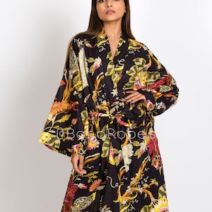 Black Floral Kimono Dress, Cotton Kimono Cardigan, Japanese Kimono, Beach Cover Up Kimono