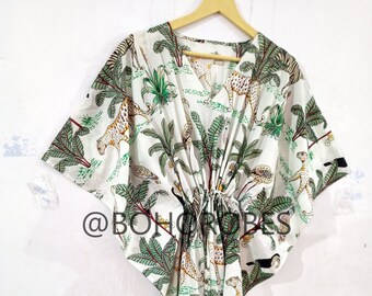 Katoenen kaftan met luipaardprint: strandkleed, boho loungewear