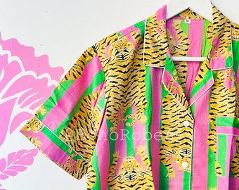 Cotton Pajama Shorts Set, Tiger Print Sleepwear