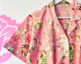 Pink Bird Printed Pajama Set, Bridesmaid Pj Set, Short Sleeve Pajama Set, Bridesmaid Pajama Set, Cotton Pajamas, Wedding Pajamas