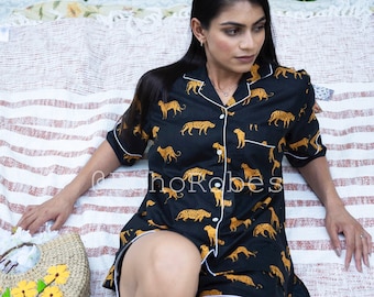 Tiger Print Cotton Pajama Shorts Set - Women's Loungewear