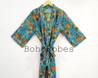 Animal Print Cotton Kimono Robe: Boho Beach Cover-Up