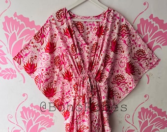 Roze bloemenblok bedrukte kaftan, Indiase katoenen kaftan, strandkledingjurk, nachtkledingjurk, comfortabele jurk, maxi-jurk, zwangerschapskleding