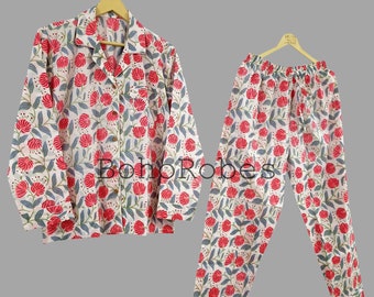 Hand Block Print Pajamas, Floral Pure Cotton Pj&#39;s, Pajamas Set ,Indian Cotton,Night Wear, Soft Cotton Night Suit,Gift for her,Bridesmaid Pjs
