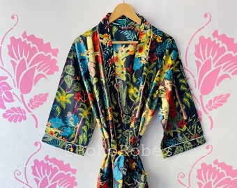 Block Print Cotton Kimono Robe: Summer Dressing Gown