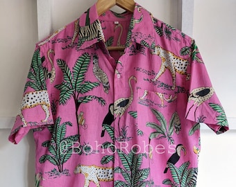 Pink Jungle Print Men's Cotton Shirt - Short Sleeve