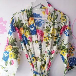Cotton Kimono Robe Dressing Gown, Block Print Bridesmaid Robe, Summer Nightwear, One Size Robe