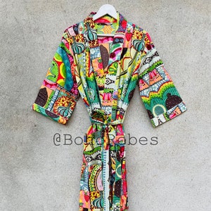 Bohemian Cotton Kimono Robe: Block Print Dressing Gown