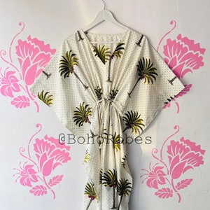 Palm Tree Print Cotton Kaftan Dress: Beach Resort Wear