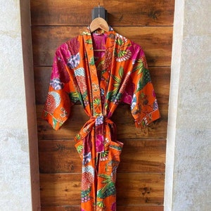 Tropical Print Cotton Kimono Robe: Indian Floral Beach Cover Up