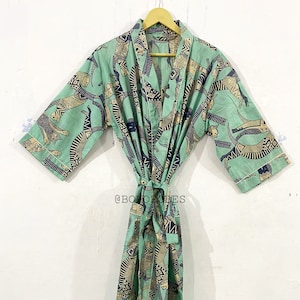 Block Print Cotton Kimono Robe: Lightweight Summer Dressing Gown