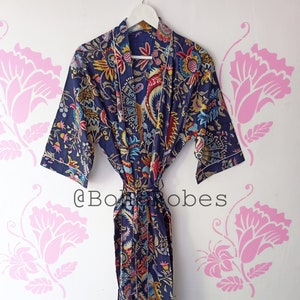 Navy Blue Cotton Kimono Robe: Tropical Print Long Dressing Gown