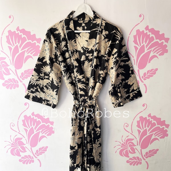 Black Floral Cotton Kimono Robe, Nightwear Dressing Gown, Beach Cover Up, Women Bath Robe, Bridesmaid Gift