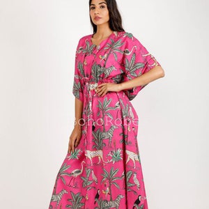 Pink Animal Printed Kaftan Dress, Beach Cover Up, Bridesmaid Gown, Long Cotton Caftan, Gifts For Mom
