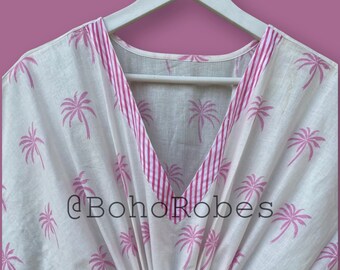 Cotton Kaftan: Indian Floral Palm Print Beach Cover-Up
