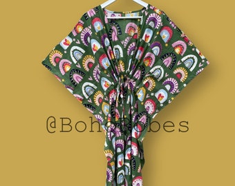 Kaftán de algodón verde con estampado frutal: pareo playero estilo bohemio, vestido largo de tallas grandes