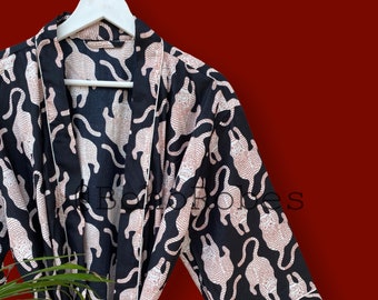 Black Tiger Print Cotton Kimono Robe: Boho Beach Cover-Up