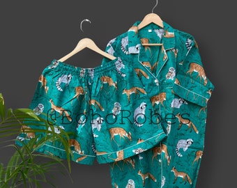 Conjunto de pijama de algodón con estampado de animales del bosque: pijama de manga corta.