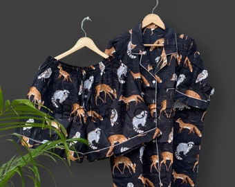 Conjunto de pijama de algodón con estampado de zorro y ciervo: conjunto corto para mujer.