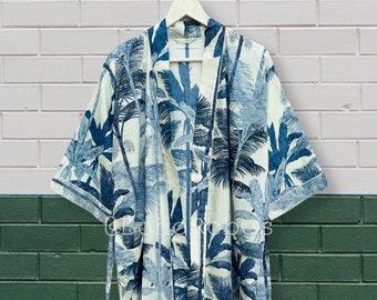 Cotton Kimono Robe Dressing Gown, Block Print Bridesmaid Robe, Summer Nightwear, One Size