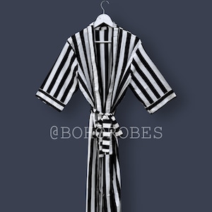 Black Striped Cotton Kimono Robe: Lightweight Beach Cover Up