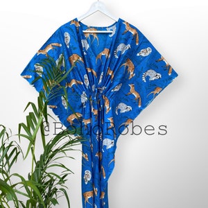 Cute Fox & Deer Printed Kaftan, Beach Wear Dress, Long Caftan For Women, Summer House Dress, Perfect Gift For Mom