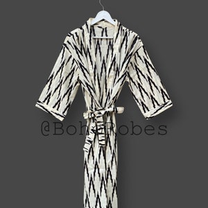 Ikat Print Kimono, 100% Cotton Nightwear Gown, Robes For Women, Beach Cover Up, Dressing Gown