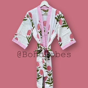 Cotton Kimono Robe Dressing Gown, Block Print Bridesmaid Robe, Summer Nightwear, One Size Kimono