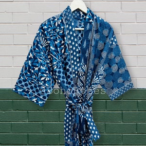 Indigo Cotton Kimono Robe: Blockprint Indian Dressing Gown