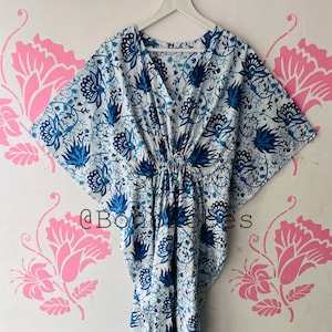 Hand Block Printed Cotton Kaftan: Indian Maxi Dress, Beach Cover-Up