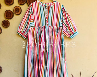 Striped Cotton Gauze Midi Dress: Bohemian Block Print