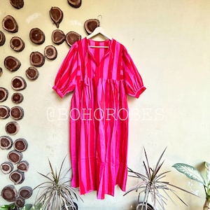 Stripe Block Print Soft Cotton Summer Dress, Kyra Midi Dress, Dresses for Women, String Closer Dress
