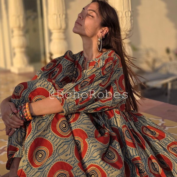 Block Print Cotton Gauze Midi Dress: Deep Neck Summer Dress