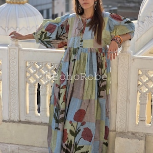 手染めブロックプリントのコットンガーゼミディドレス：プラスサイズサマーラップ