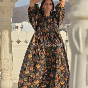 Floral Block Print Cotton Midi Dress - Deep Neck Summer Dress