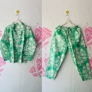 Ensemble de pyjama indien en coton imprimé blocs - pyjama en coton pour femme - vêtements d'intérieur - imprimé blocs de main - pyjamas - cadeaux pour elle - pyjama de nuit avec sac