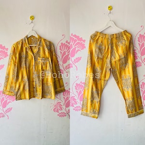 Yellow Tibetan Tiger Print Pajama Set: Hand Block Printed Cotton Sleepwear
