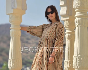 Hand Block Print Cotton Midi Dress: Bohemian Striped Summer Dress