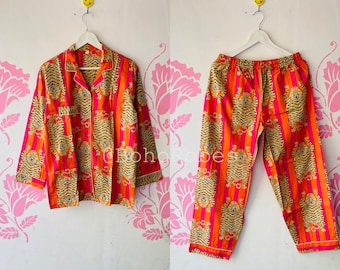 タイガープリントのコットンパジャマセット：レディースビーチパーティパジャマ