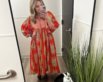 Orange Tiger Print Midi Dress: Handmade Cotton Gauze Summer Dress