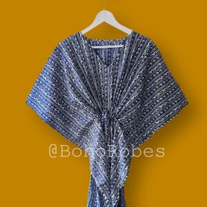 Handmade Indigo Cotton Caftan: Floral Print Maxi Dress