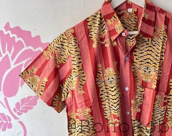 Tiger Print Cotton Shirt: Men's Half Sleeve Summer Top