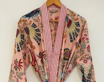 Cotton Kimono Robe Dressing Gown, Block Print Bridesmaid Robe, Summer Nightwear, One Size