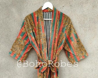 Bata kimono de terciopelo con estampado de tigre verde: Chaqueta de terciopelo de algodón