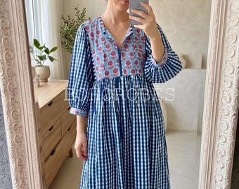 Women's Cotton Midi Dress, Blue Floral Gingham Print, Lightweight Summer Outfit