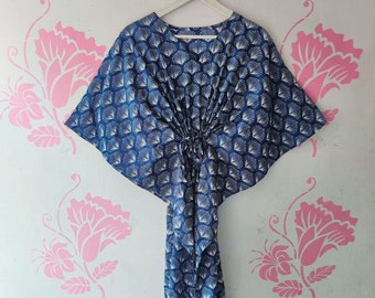 Indigo Floral Cotton Kaftan: Boho Beach Cover-Up